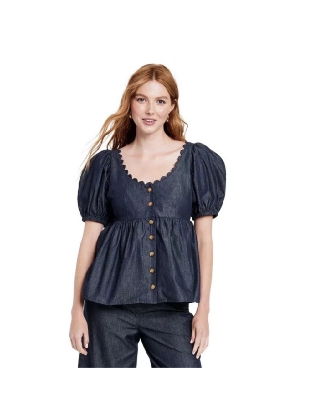 Kika Vargas X Target Indigo Chambray Top Puff Sleeve Scalloped Size Large New